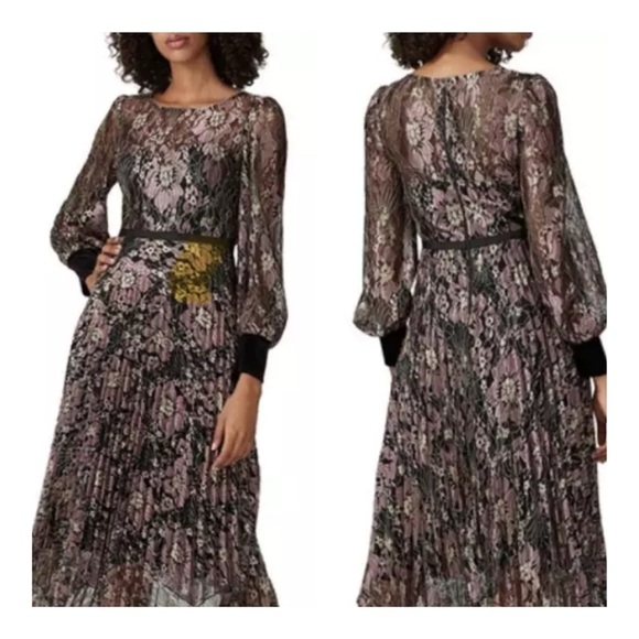 NISSA Black Pink Floral Lace Velvet Trim Knee Length Pleated Cocktail Dress 10 - Picture 1 of 15